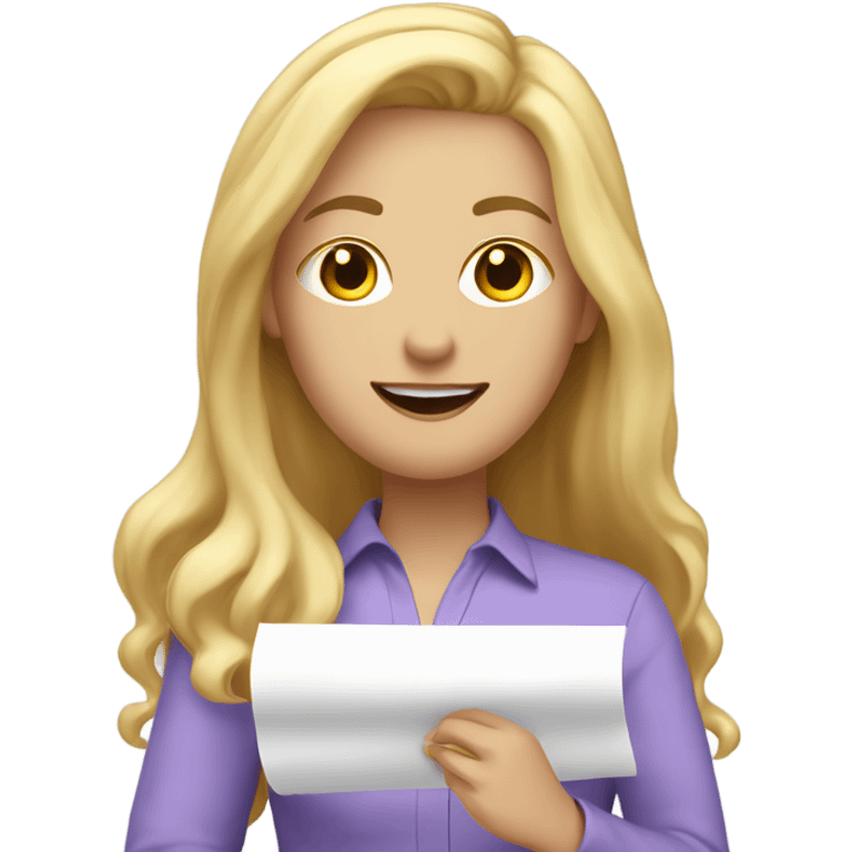 White woman with long blonde hair, wearing a lavender shirt, showing off a completed to do list, celebrating  emoji