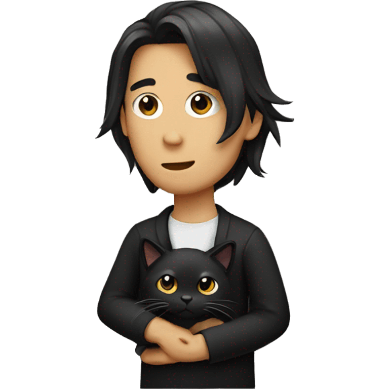 Long hair Asian man holding black cat emoji