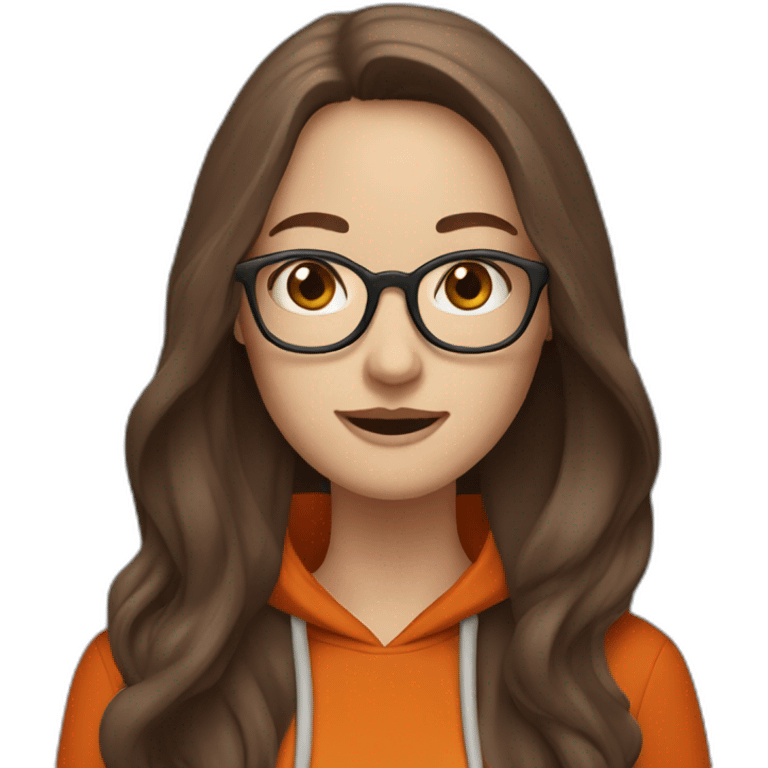 pale woman with glasses with long brown hair waving wearing a dark orange hoodie emoji