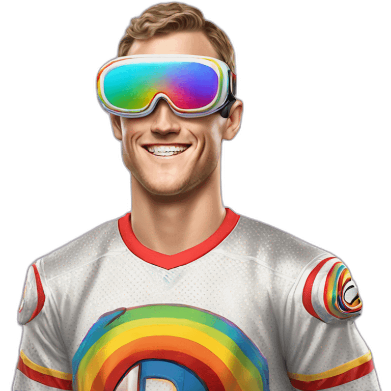 Fancy disco Jonathan Toews wearing rainbow lace shirt and wearing VR glasses and eating a moon pie emoji