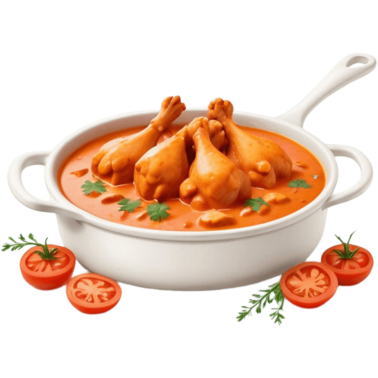 Cinematic Realistic Butter Chicken Dish Emoji, depicted with tender chicken simmered in a creamy tomato‚Äêbased sauce rendered with rich textures and dynamic, appetizing lighting. emoji