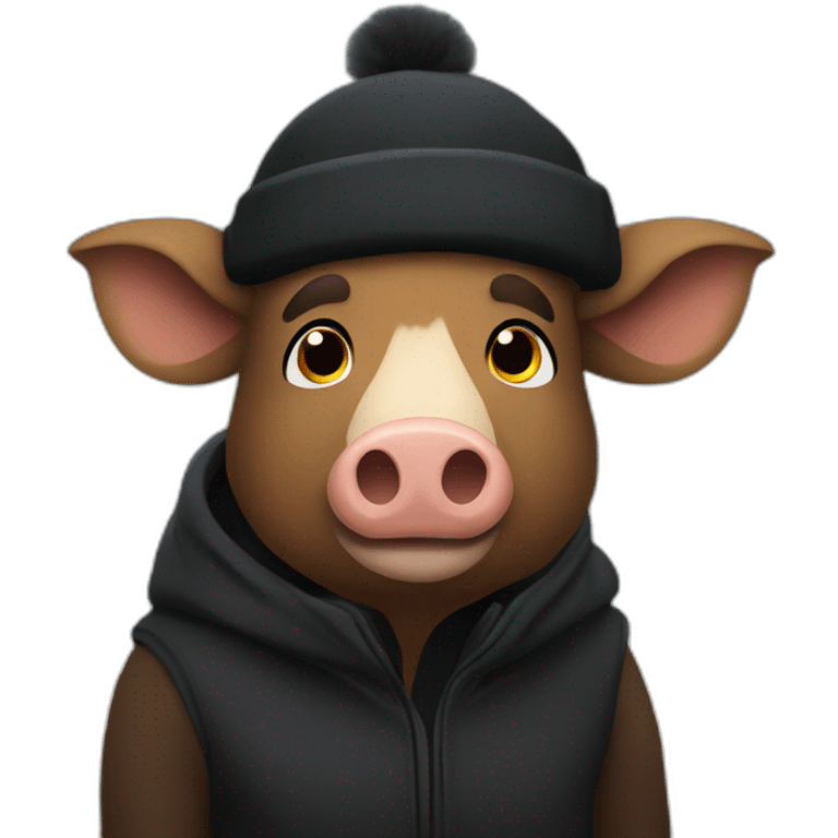 Bored brown boar in a black winter hat and black jacket emoji