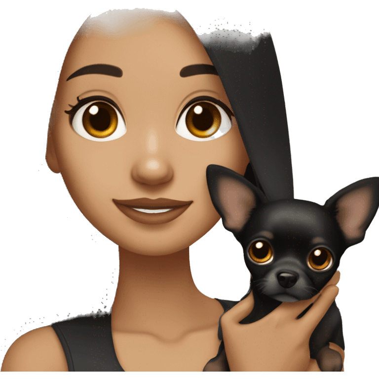 Pretty girl with long straight black hair, brown eyes, holding a black and tan chihuahua emoji