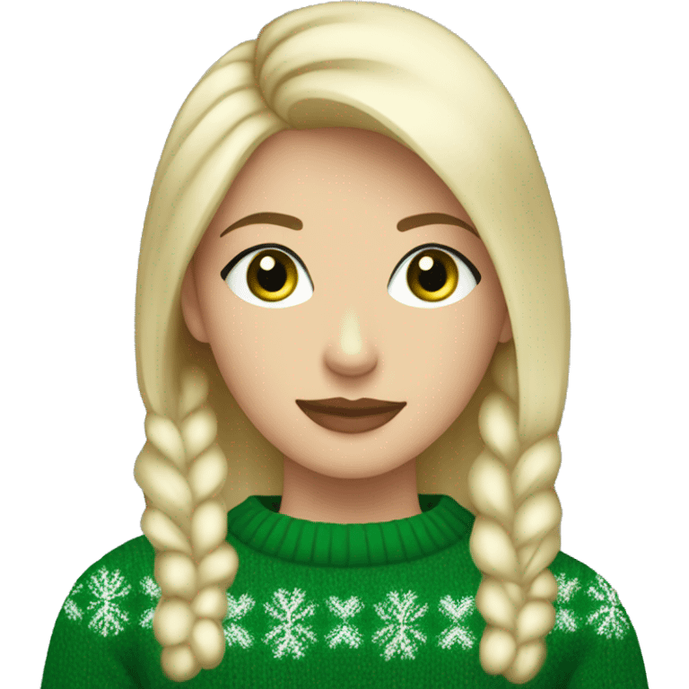 Short haired blonde girl with green eyes drinking coffee wearing Christmas sweater emoji