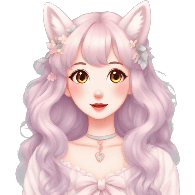 Gorgeous pastel anime style lady with blushing face and fox ears cottagecore fairycore pastelcore colorful pearly romantic simplistic aesthetic trending style emoji