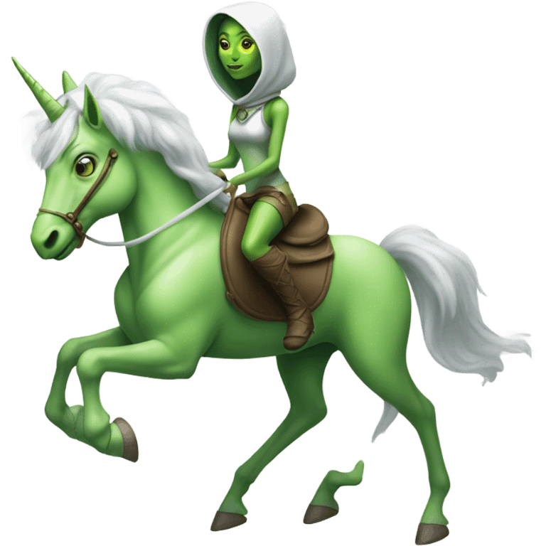 a green amazon alien woman on a four-legged white unicorn emoji