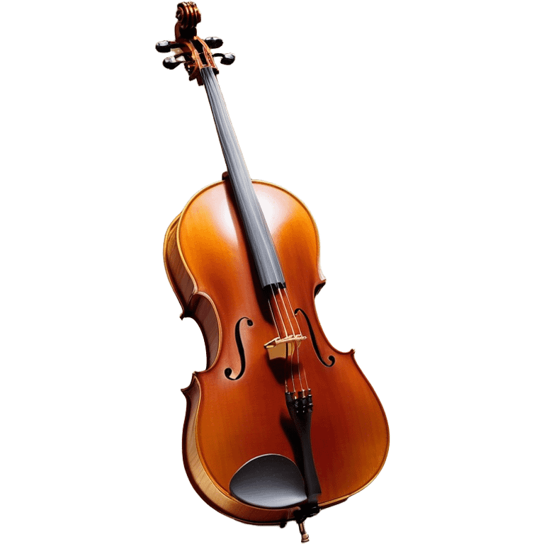 Create an elegant and refined emoji representing the Cremona 4/3F 4/4 cello with a Hans Klein HKCB bow. The design should feature the curved wooden body of the cello with a rich, glossy finish, capturing its classical shape and intricate details. The bow should be displayed with fine craftsmanship, highlighting the hair and the smooth, polished wooden stick. Include subtle musical notes floating around the instrument to emphasize its rich, melodic sound. Use deep wood tones like chestnut brown, gold accents for the fittings, and soft lighting effects to give the instrument a timeless, professional feel. The background should be transparent. emoji