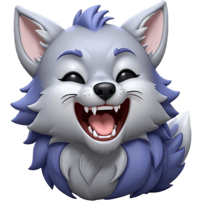 Cinematic Cute Yawning Werewolf Portrait Emoji, with a cuddly, miniature lupine form in soft moonlit grays and silvers, head leaning back in a big, adorable yawn that reveals a few fuzzy teeth, simplified yet irresistibly charming, highly detailed with a soft glowing outline that captures the drowsy, playful essence of a werewolf mid-nap! emoji