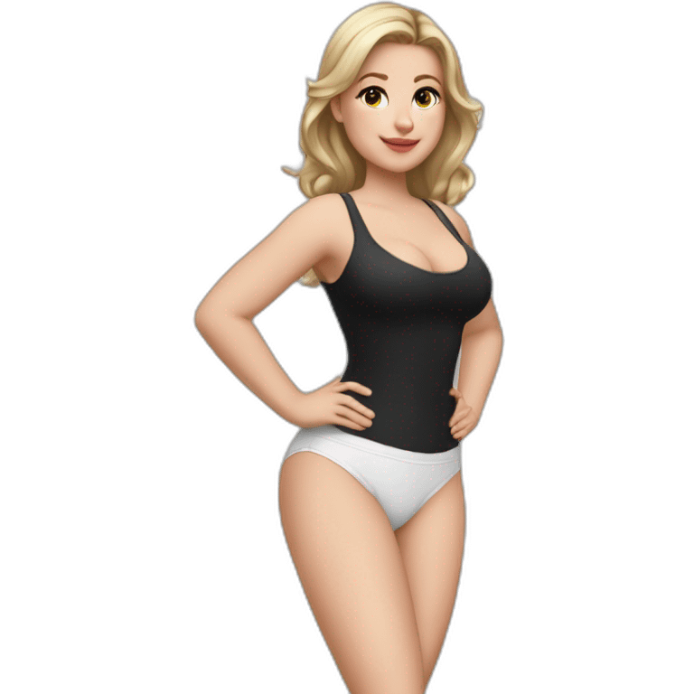 Front view full body curvy caucasian beauty sitting straight hands up black skirt white knickers white socks emoji