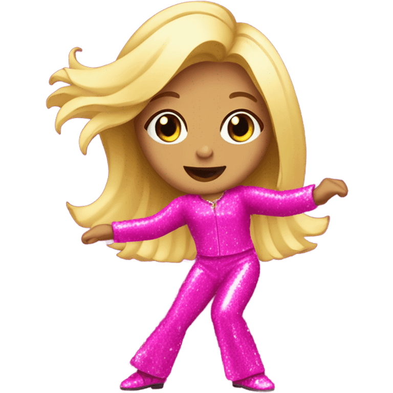 Blond girl wearing glitter hot pink disco outfit and dancing emoji