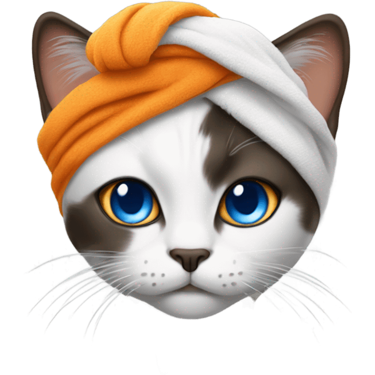 a cat face with a towel on her head like a turban and with blue eyes, and her fur is white, black, brown and a little bit of orange emoji