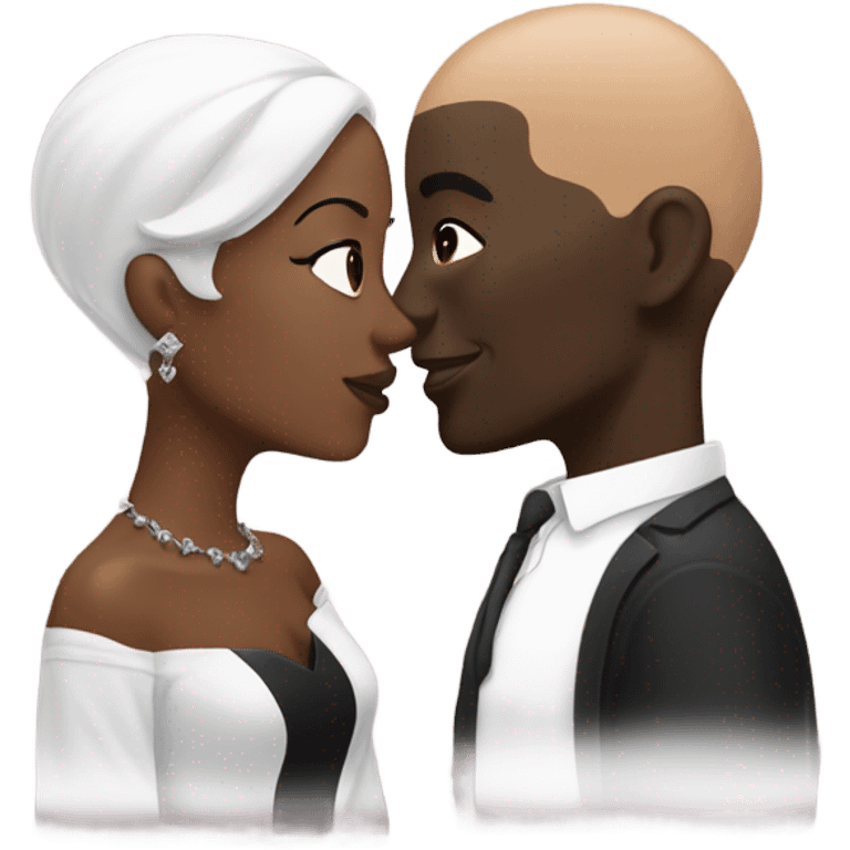 Bald white man kissing dark black woman emoji