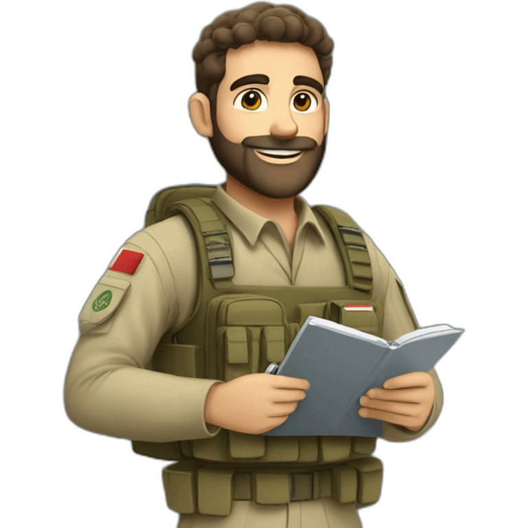 pale brown bearded israeli IDF soldier happy holding notebook and pen and stationary emoji