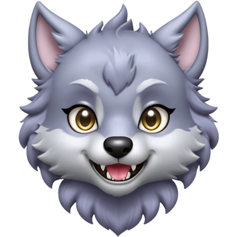 Cinematic Cute Werewolf Portrait Emoji, with a cuddly, miniature lupine form in soft moonlit grays and silvers, featuring oversized sparkling eyes and a sweet, endearing snarl, simplified yet irresistibly adorable, highly detailed with a gentle glowing outline that captures the playful, heartwarming essence of a little werewolf! emoji