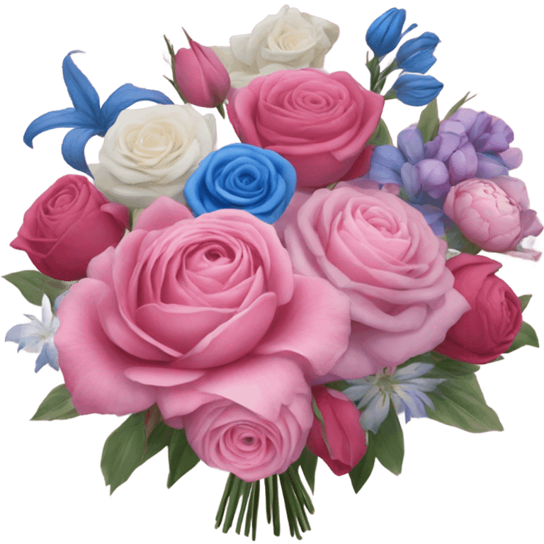 Huge pink flower bouquet with different flowers and pink tones and blue roses emoji