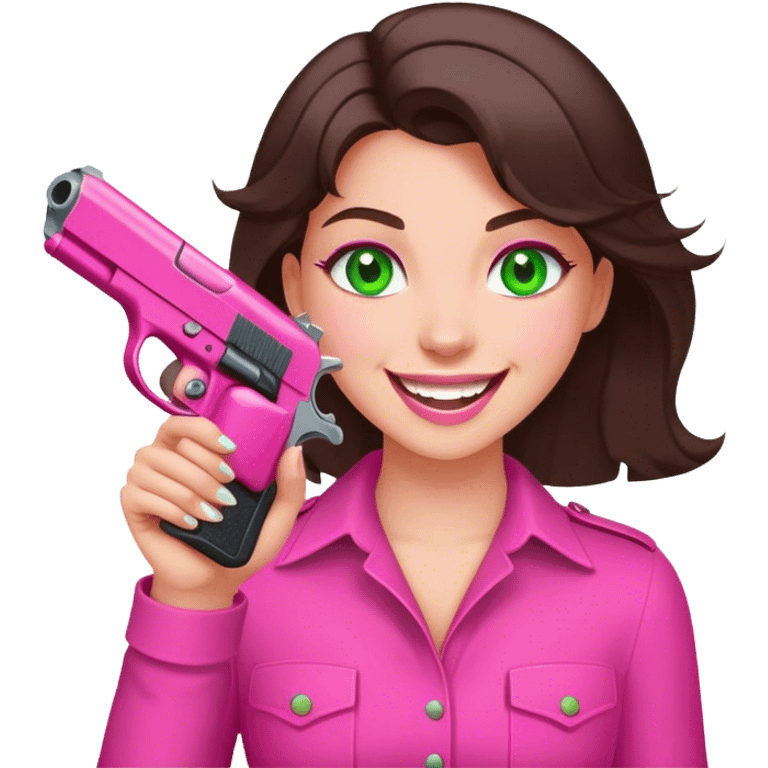 laughing brunette girl with green eyes holding pink pistol emoji