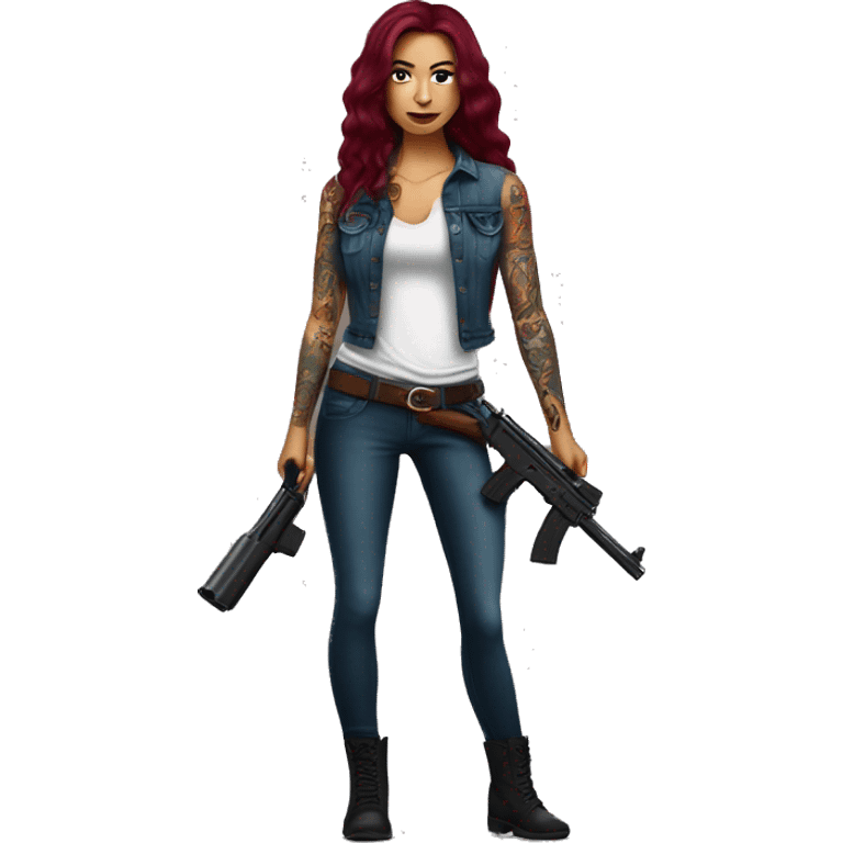 Beautiful tattooed burgundy long haired woman with a gun emoji