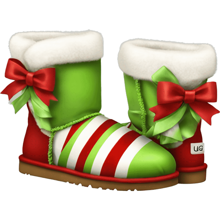 Realistic red and white striped Ugg boots with fur and peridot green silk ribbon bows.   emoji