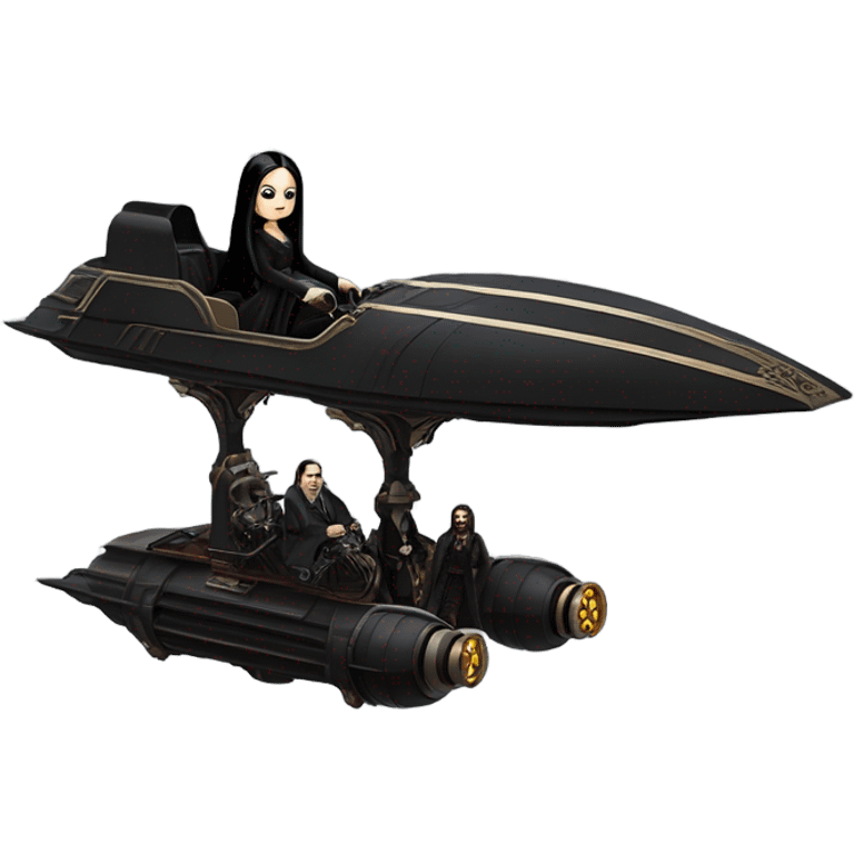 Jedi Morticia Addams riding  a Jumpspeeder anti-gravity repulsorlift imperial speeder steampunk  emoji