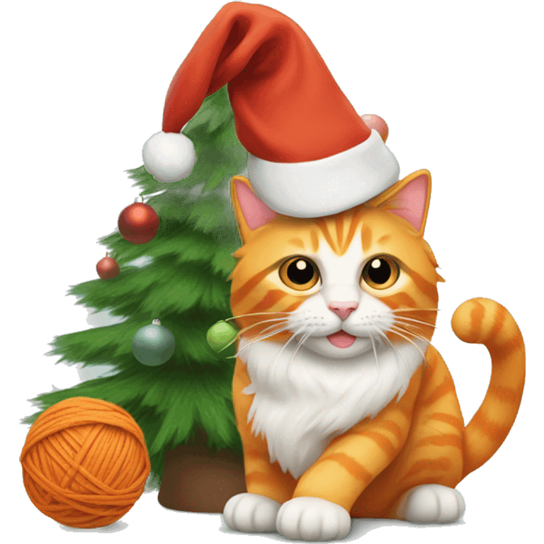 orange cat with a santa hat playing with yarn by a christmas tree emoji