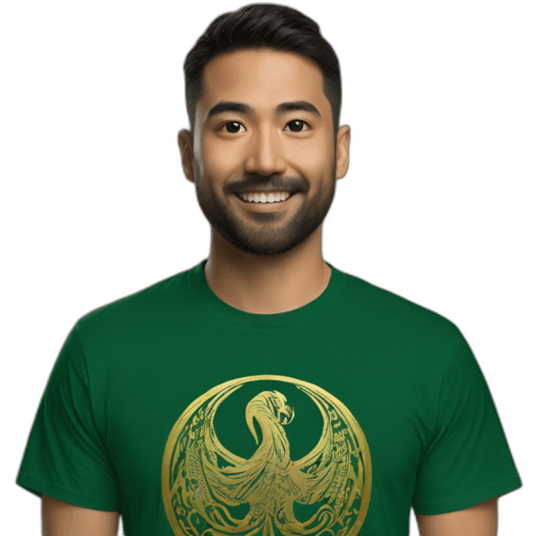 Green dark T-shirt with a gold logo of a simorgh emoji