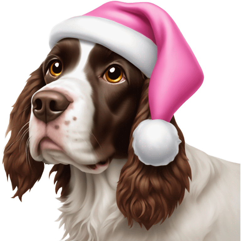 English Springer Spaniel wearing pink Santa hat emoji