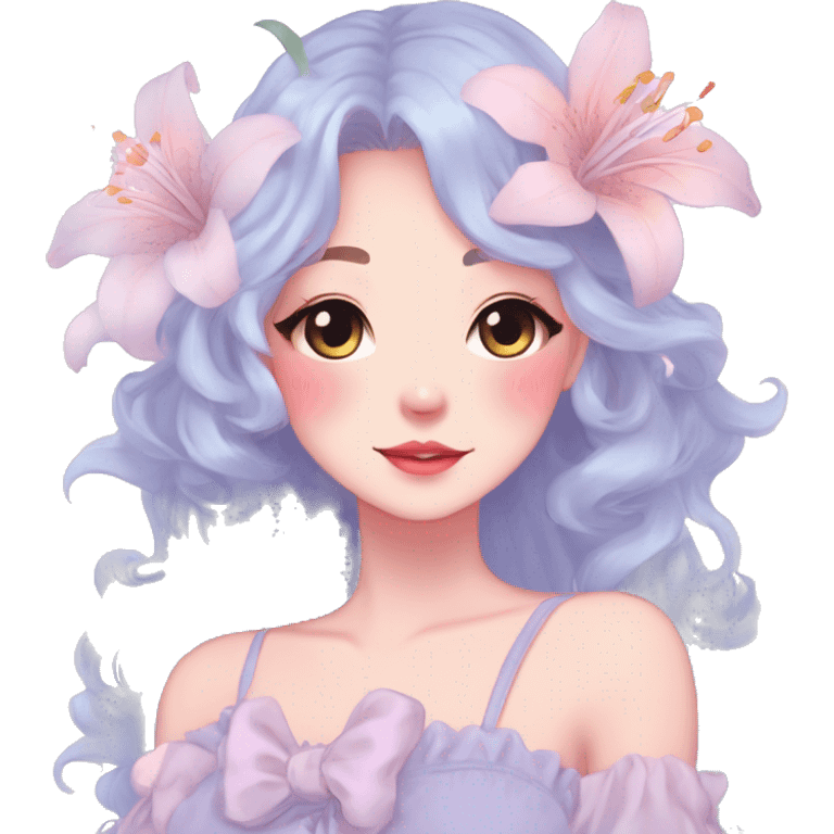 Gorgeous pastel anime style lady with blushing face and lilies cottagecore fairycore pastelcore colorful pearly romantic simplistic aesthetic trending style emoji