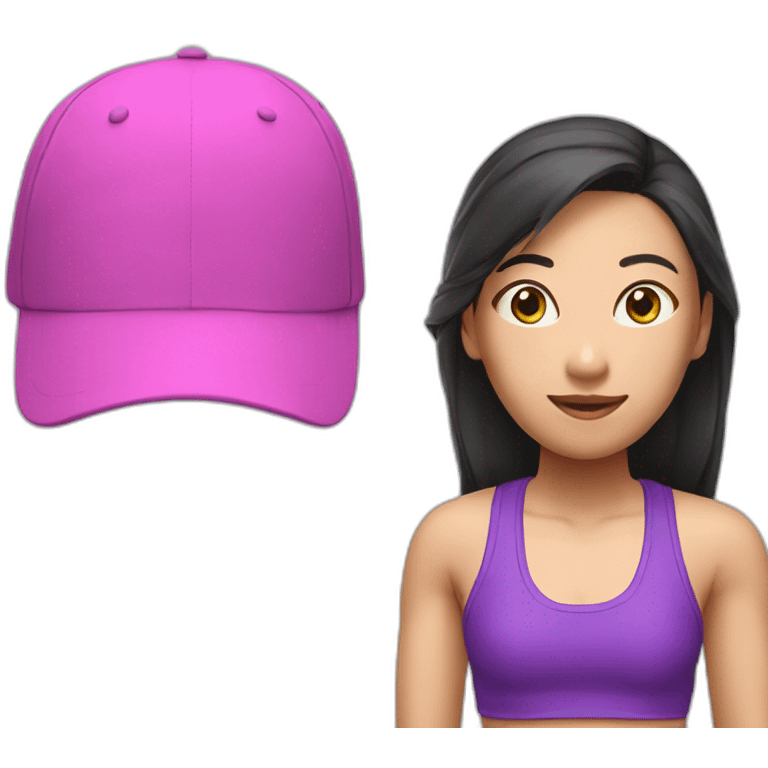 asian woman, green sports cap worn backwards, pink and purple singlet emoji