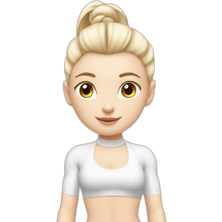 Pale skinned fit woman In a white tight yoga suit With ash blonde hair in a ponytail and gray eyes doing yoga emoji