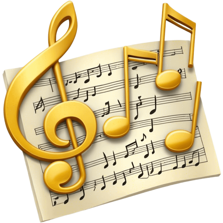 Create a bright and artistic emoji that represents music composition. The design should feature musical notes, a pencil or quill, and a sheet of music, symbolizing the creative process of composing a song. Add a touch of elegance with flowing lines to represent melody and rhythm. Use gold or silver tones for sophistication, and incorporate a mix of vibrant colors to convey creativity. The background should be transparent. emoji