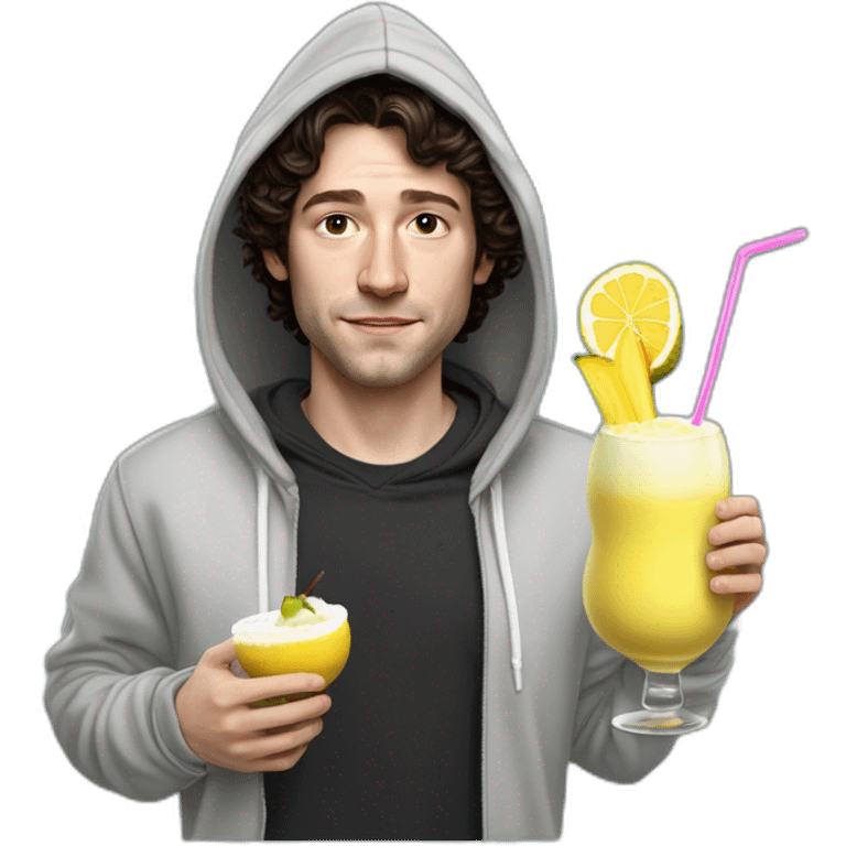 Bighead josh brener from silicon valley in hoodie, holding a pina colada,, hyper realistic emoji