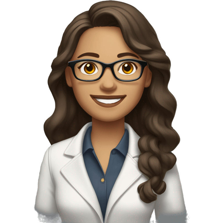 Create a woman emoji with long dark brown wavy hair, fine features, white skin, brown eyes, wears prescription glasses, with a smiling and happy expression. She is dressed in a fitted white jacket. emoji