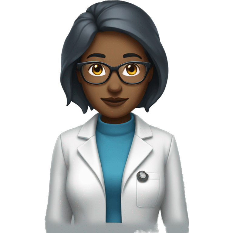 Black shark scientist woman with blue long, straight hair, glasses, a lab coat, sweater, and pencil skirt emoji