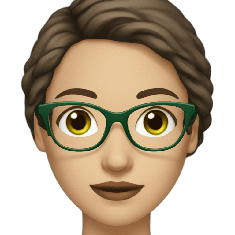 White woman with long dark brown hair and green eyes using glasses writing emoji