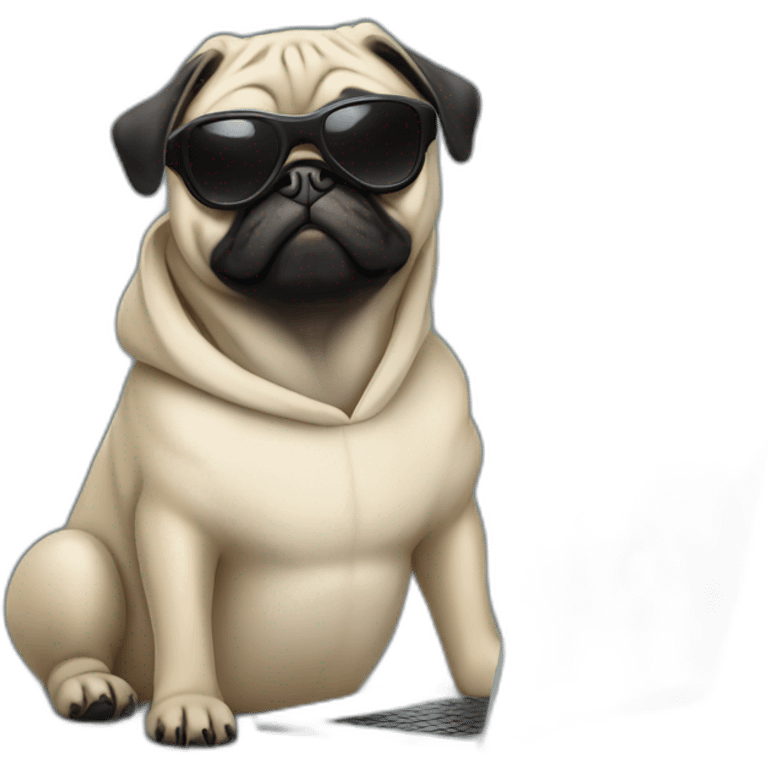 Pug wearing a black hoodie and using a laptop and wearing sunglasses emoji