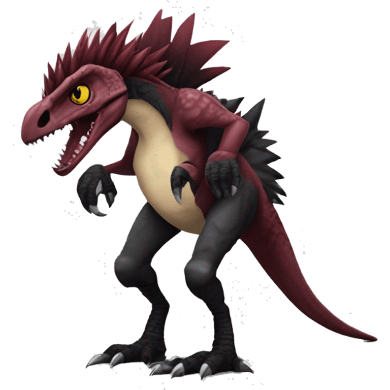 Maroon edgy badass modern sexy handsome punk velociraptor-dragon-Digimon, with black spiky mane, full body emoji