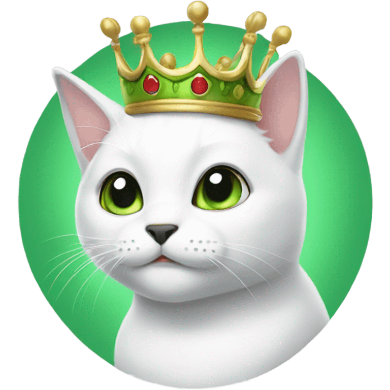 White cat with black spot wearing green crown emoji