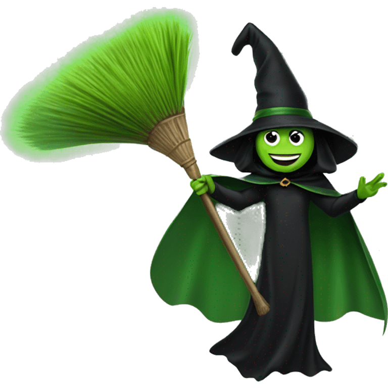 Broom Flying green witch with black big cape extending like a v shape emoji