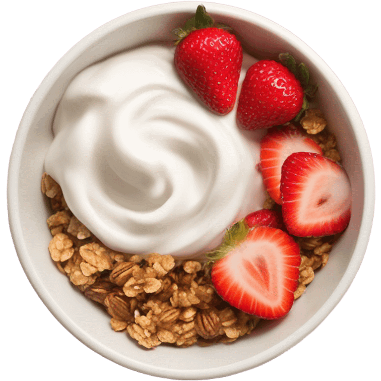 Top view of a yogurt bowl with strawberries and granola emoji