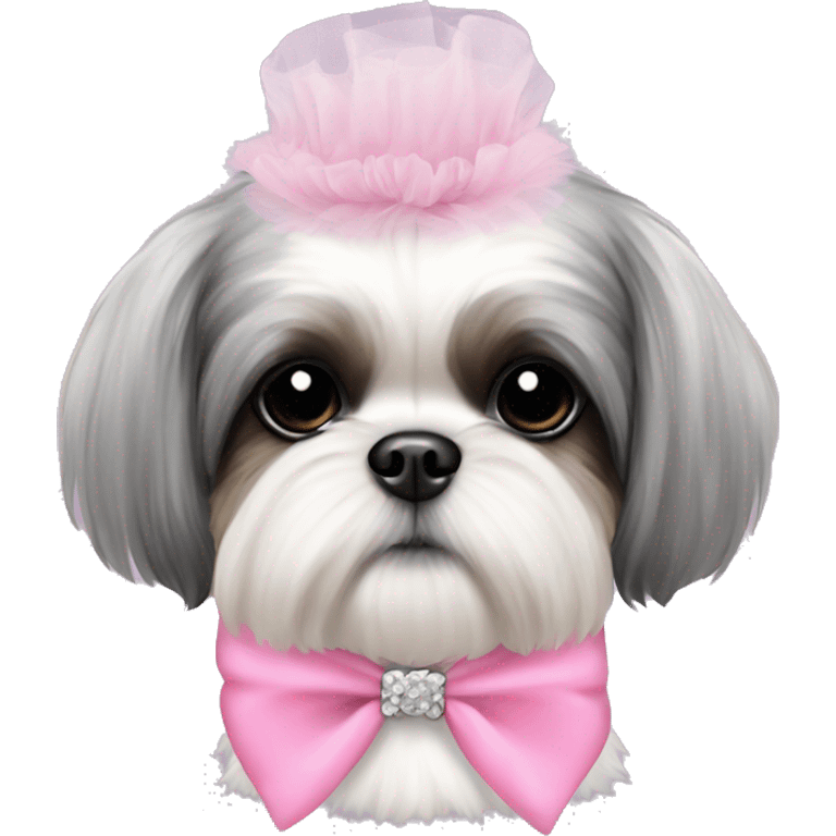  white grey and black shihtzu wearing pink tutu emoji