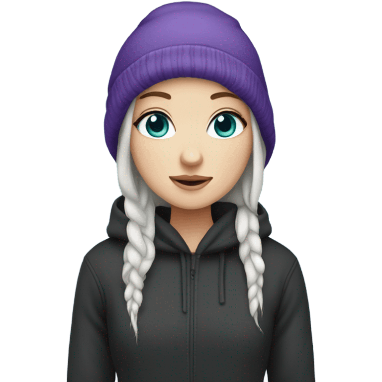 White girl, blue eyes, long teal hair, purple beanie hat, black hoodie emoji