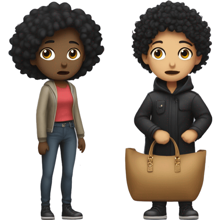  girl with black curly hair crying next to a thief with a bag emoji