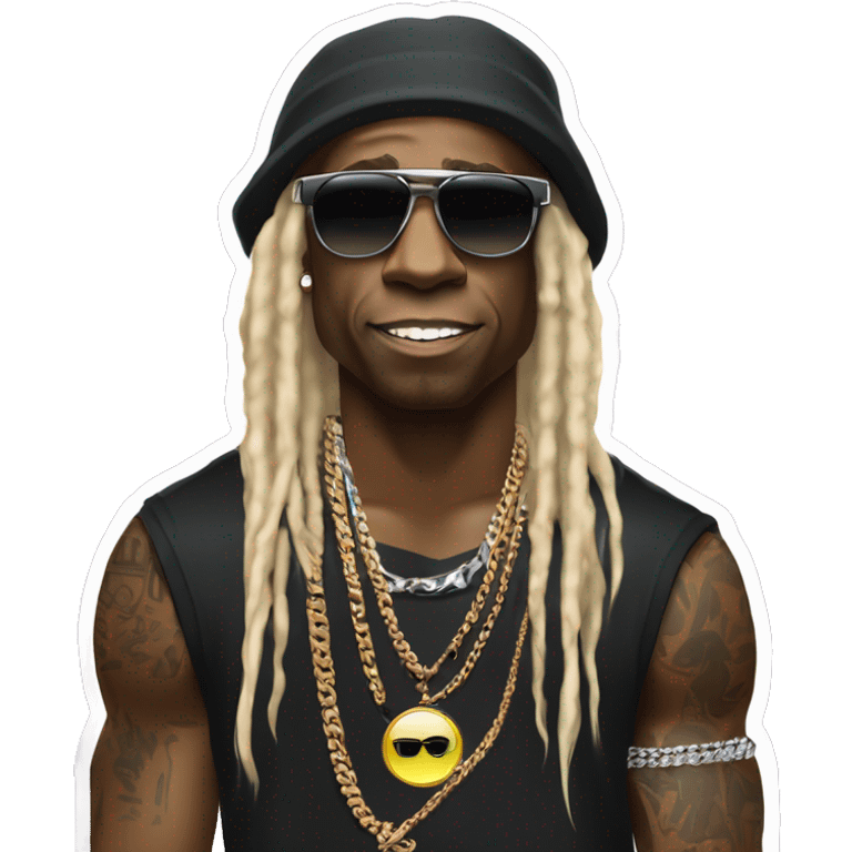 Lil Wayne:

A laid-back icon with oversized shades, layered chains, tattoos, diamond grill, and long blond dreads under a backward cap. Cool, confident, and effortlessly stylish. emoji