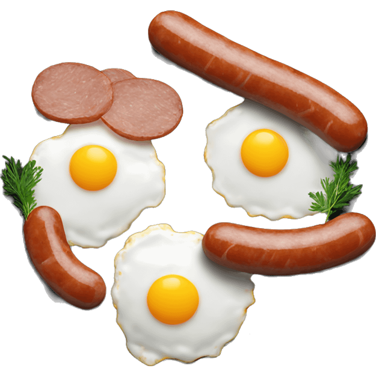 fried eggs with sausages and herbs on a black plate emoji