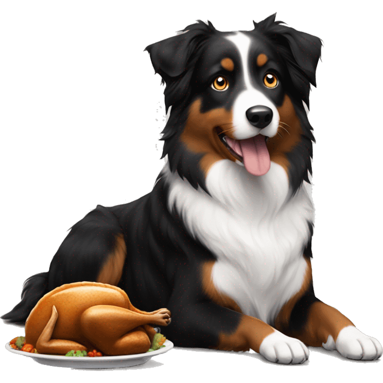 Black tri Australian shepherd eating thanksgiving dinner emoji