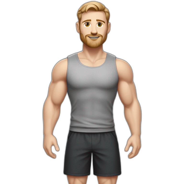 Full height Pale skinned fit man With biceps, Realistic eyes and mouth, light brown hair and stubble In dark gray sleeveless mike, black oversize sports shorts, watch and white sneakers. emoji