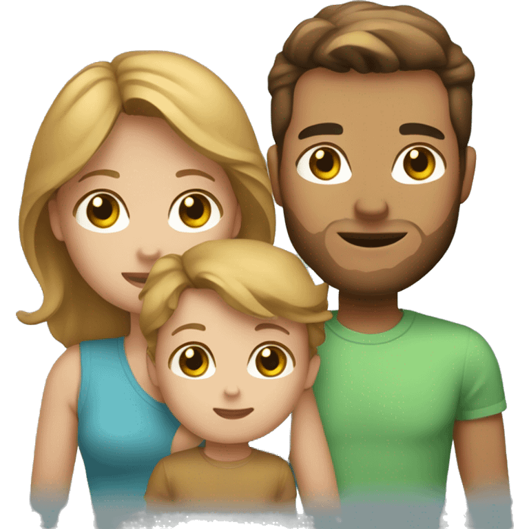 family with baby, baby has blue eyes and caramel blonde hair, mom has brown hair green eyes, dad has black hair brown o emoji