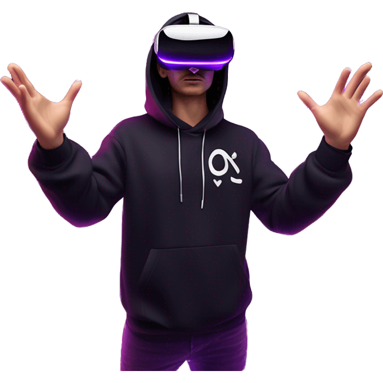 Russian man wearing a black hoodie with "OMG" letters on it and VR headset oculus quest 2 in a cyberpunk VR environment with violet neon lighting. Showing direction with hand emoji