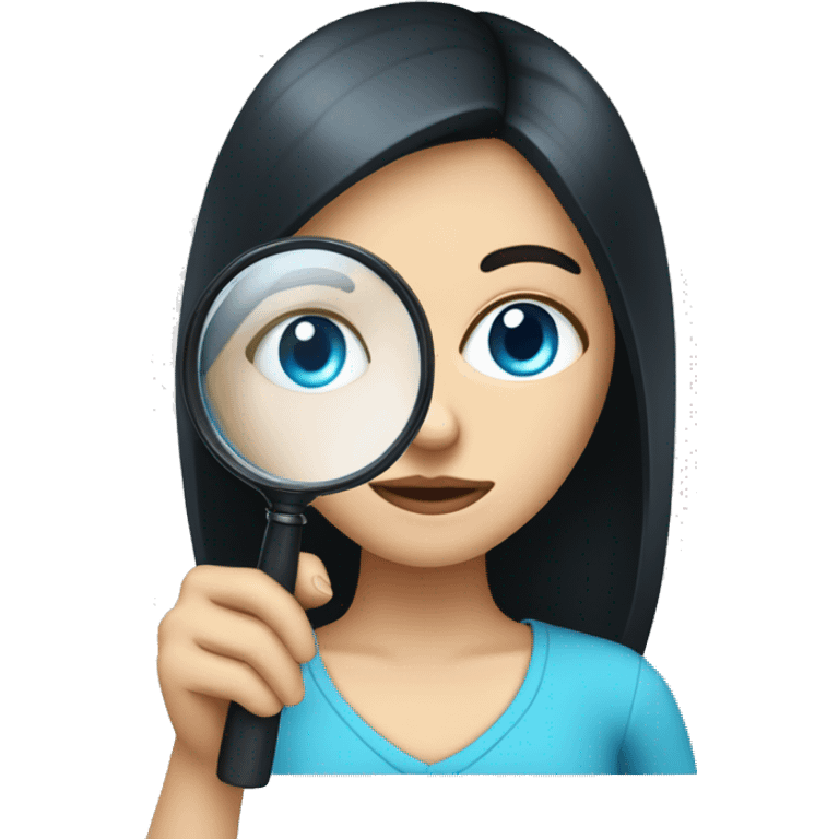 white girl with black hair and blue eyes holding a magnifying glasss emoji