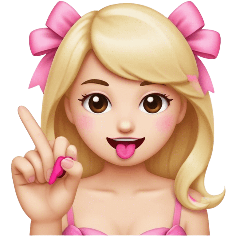 flirty emoji with pink bow biting finger emoji